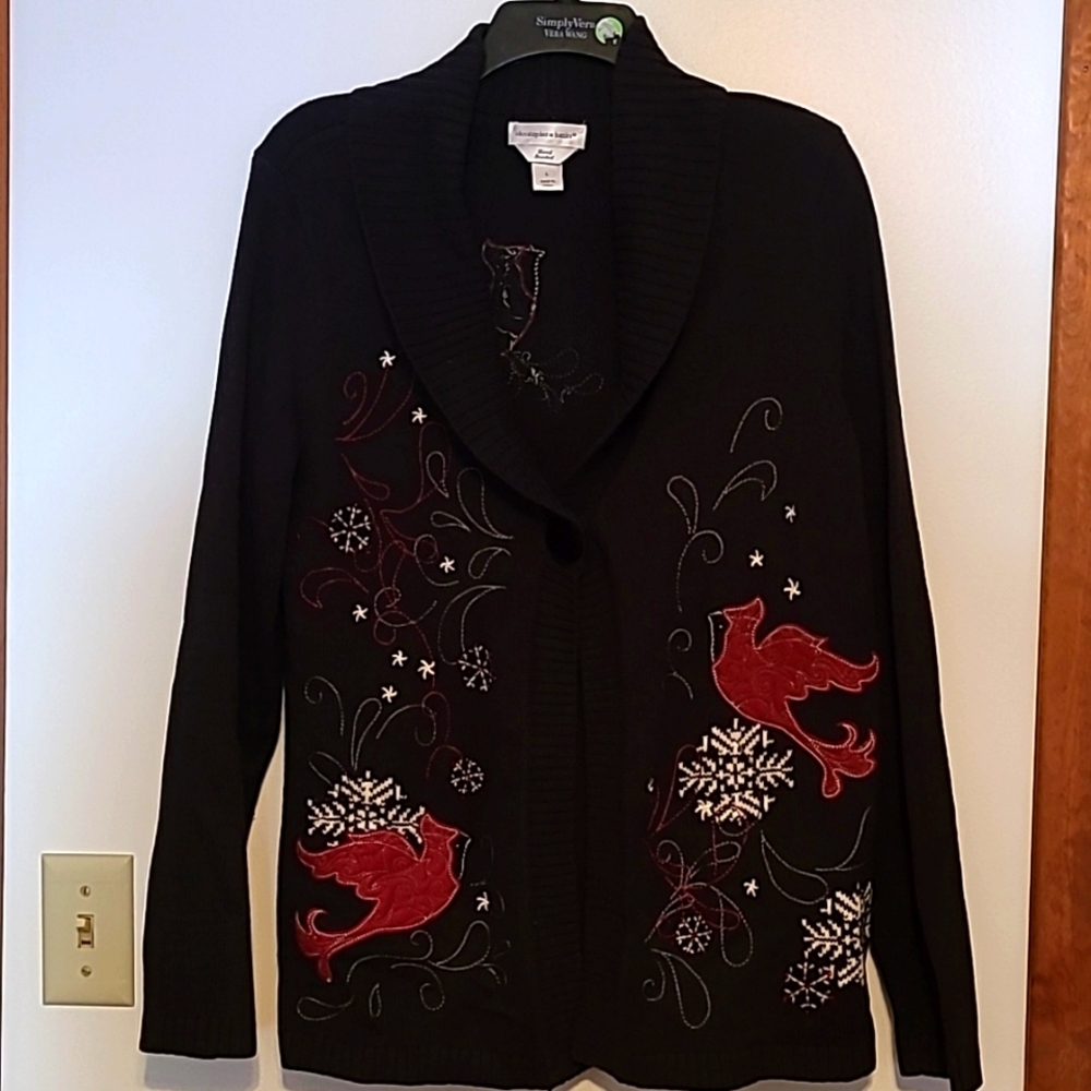 Vintage Christopher & Banks black sweater with red cardinals & snowflakes Sz L